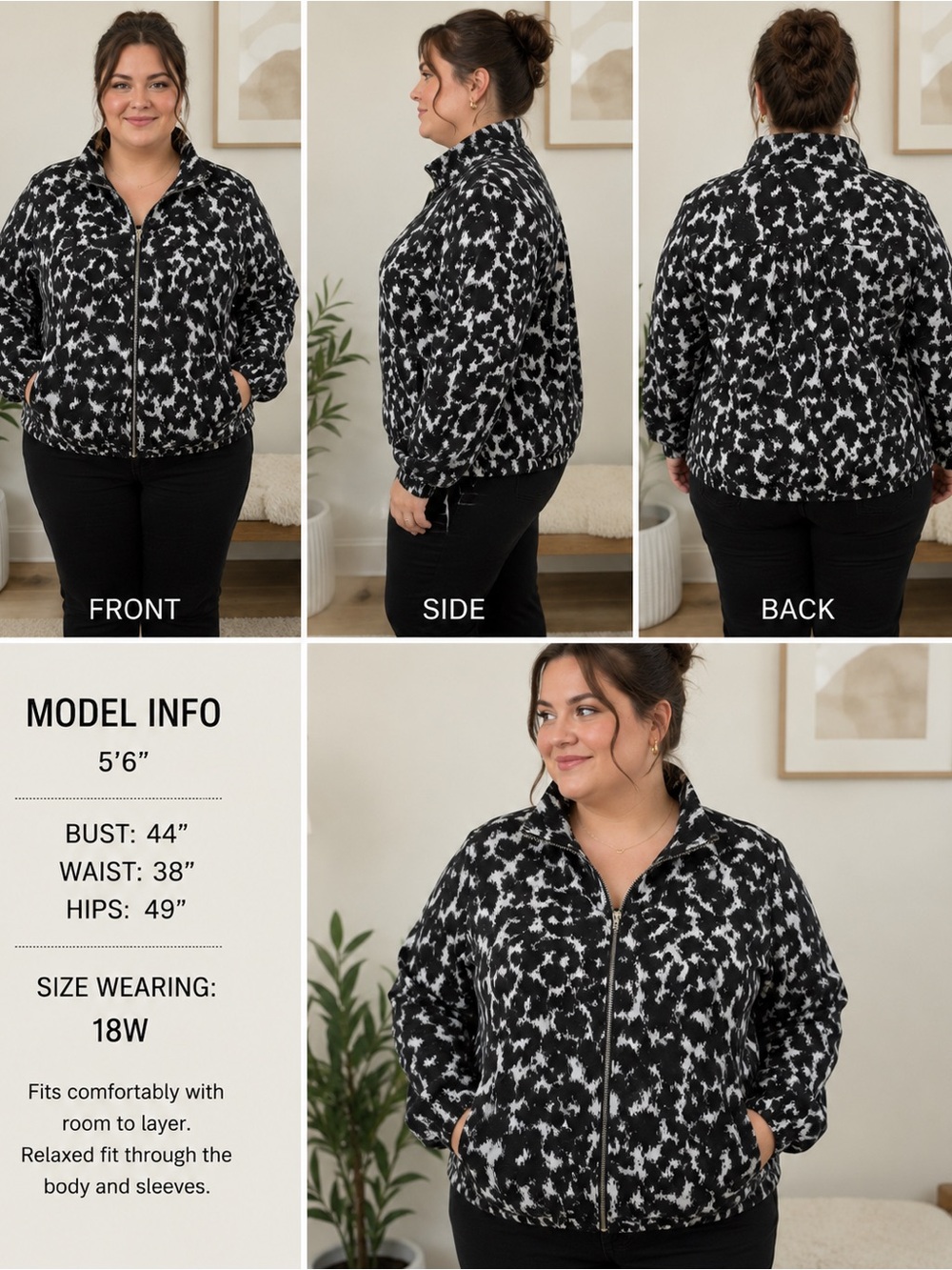 Ruby Rd. Black and White Patterned Zip Bomber Jacket
